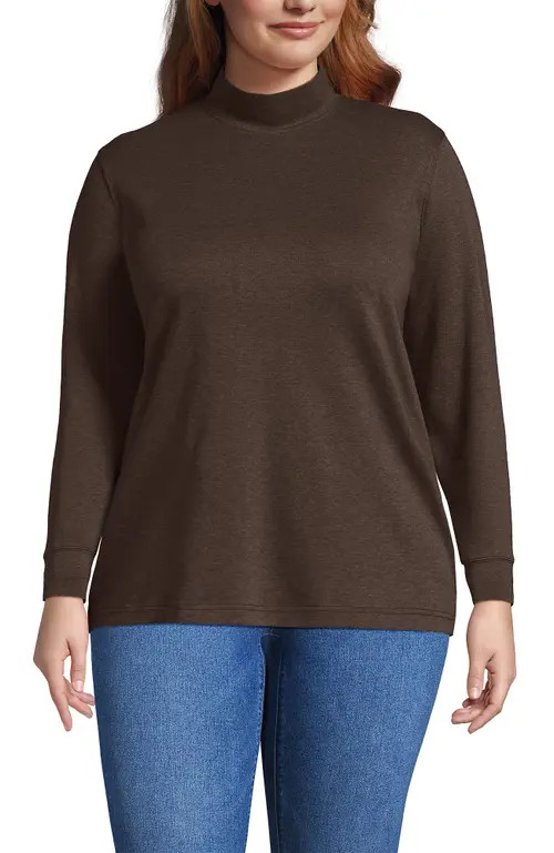 Lands' End Relaxed Cotton Long Sleeve Mock Turtleneck in Bark Brown Heather at Nordstrom, Size 1X | Nordstrom