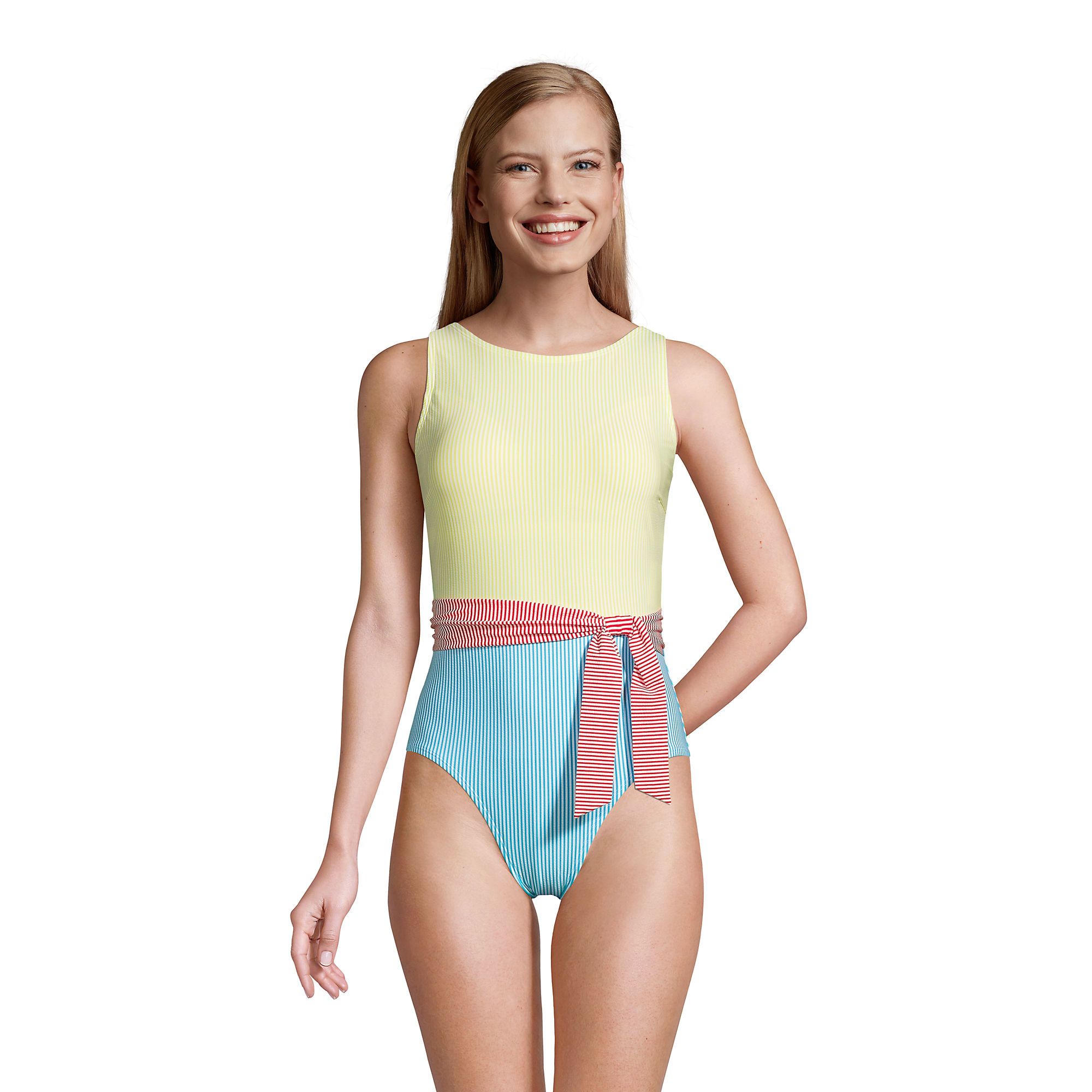 Women's Chlorine Resistant Tummy Control High Neck Belted One Piece Swimsuit Seersucker | Lands' End (US)