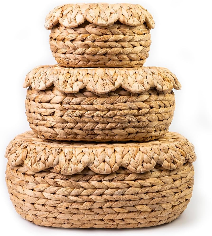 Set of 3 Wicker Storage Baskets with Lid - Decorative Handwoven Rattan Baskets for Organizing, Sm... | Amazon (US)