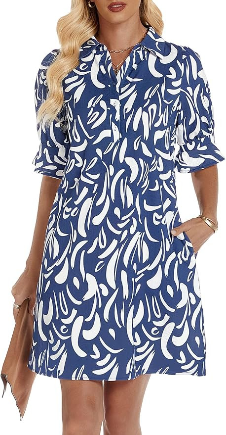 FENSACE Womens Casual Shirt Dress Ruffle Sleeve Button Down Shift Summer Dresses with Pockets | Amazon (US)