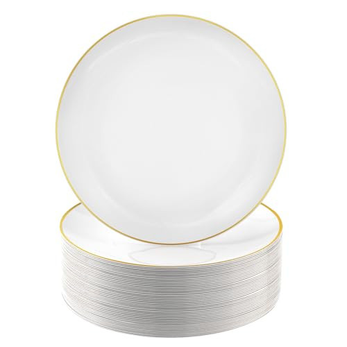 Bestluck 100 PCS Gold and White Plastic Plates, 10 inch White Disposable Plates for Party, Plastic Dinner Plates for Party, Graduation, Birthday, Wedding | Amazon (US)