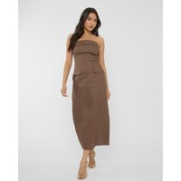 Linen Look Tailored Fold Over Bandeau Pocket Detail Midi Dress Chocolate | Public Desire