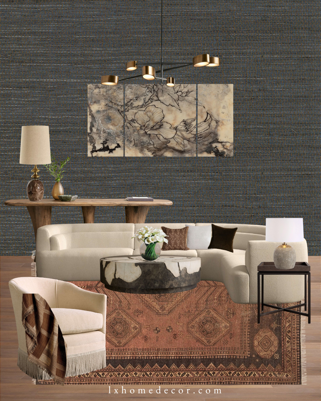 That moody texture + cream-colored curves = absolute perfection. 

This living room design is all about the "Quiet Luxury" vibe. We paired a deep, textured grasscloth wall with a sculptural sofa to create a space that feels both grounded and high-end. The mix of raw wood, stone, and vintage-inspired rugs adds that layered, soulful touch every home needs.



#InteriorDesign #MoodBoard #LivingRoomGoals #TexturedWalls #HomeInspo #QuietLuxury #DesignDetails 

 #LTKOver40 #LTKHome #LTKSaleAlert