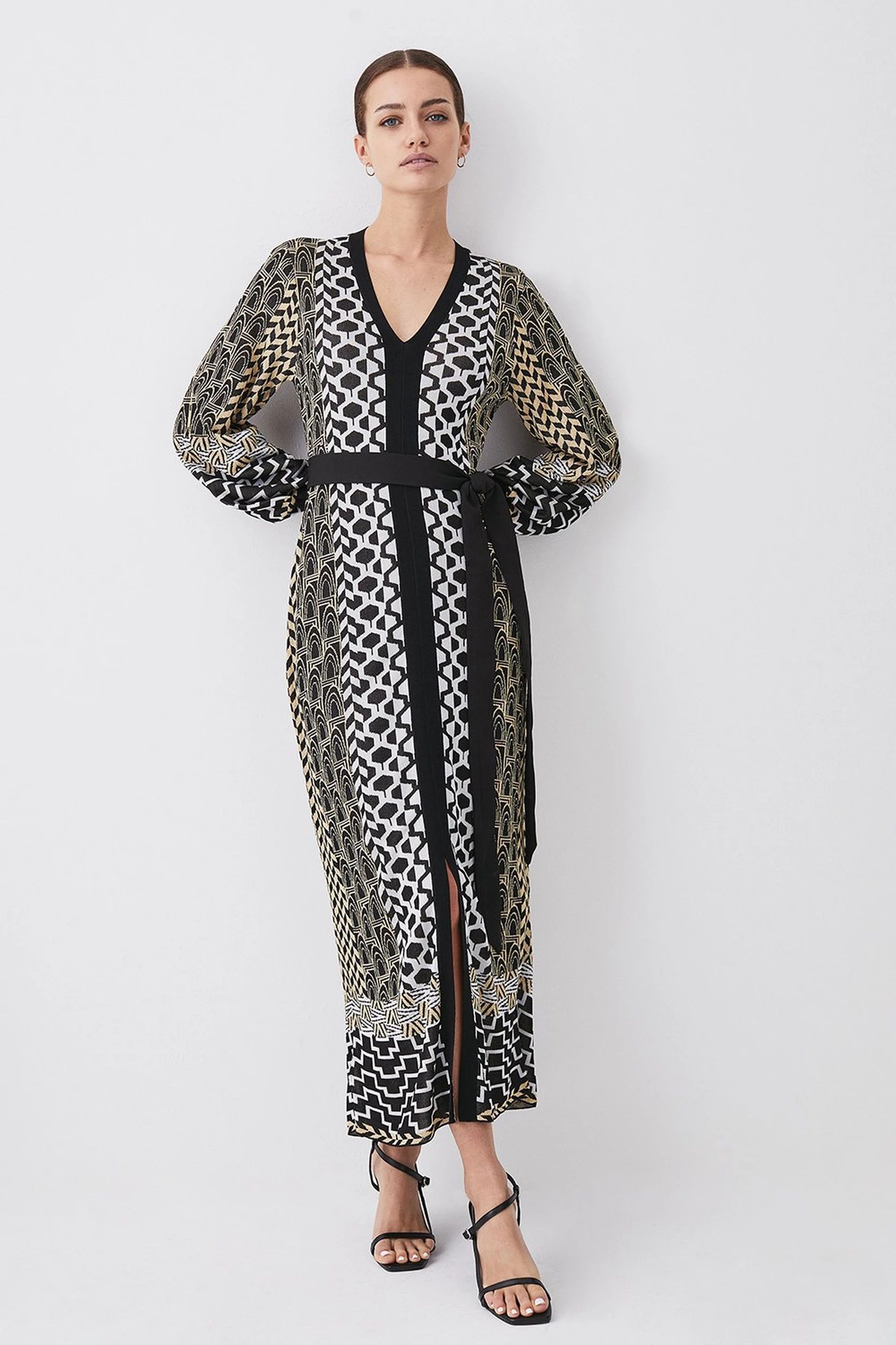 Petite Slinky Jacquard Blouson Sleeve Knitted Maxi Dress | Karen Millen US