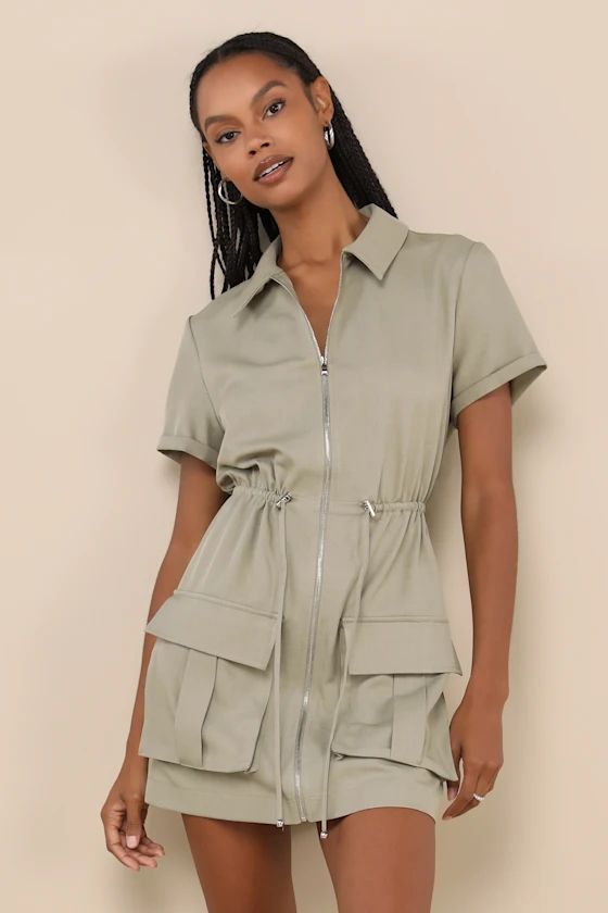 Olive Green Twill Cargo Mini Dress With Pockets | Fall Outfit Inspo | Fall Outfit Ideas | Lulus