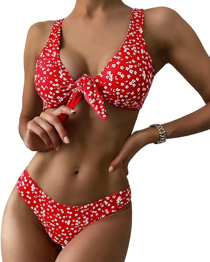 ZAFUL Women's Ribbed Tie Front Knot Bikini High Waisted Bikini Ditsy Floral High Cut Bikini Swims... | Amazon (US)