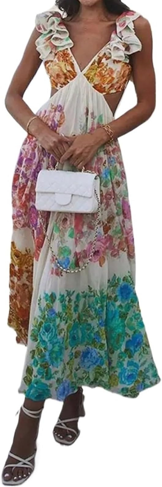 Women's Floral Dresses Summer Print Maxi Dress Elegant V Neck Flying Sleeve Backless Loose Beach ... | Amazon (US)