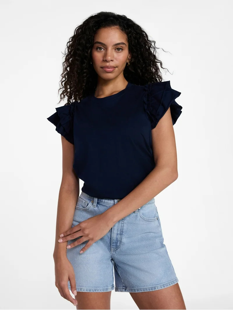 Time and Tru Women's Cotton Crewneck Tee with Ruffle Flutter Sleeves, Sizes XS-XXXL | Walmart (US)