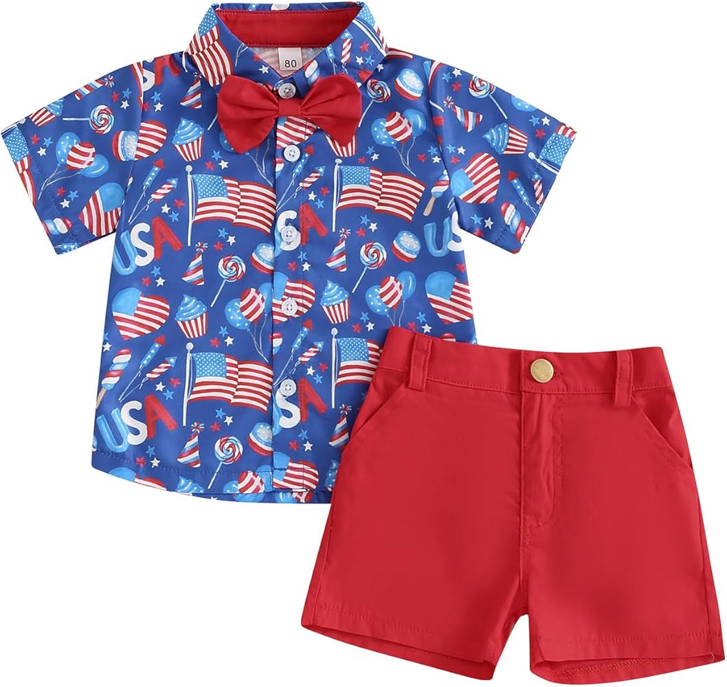 FYBITBO Toddler Baby Boy 4th of Outfits Gentleman Short Sleeve Button Down Shirt Dress Shorts Fou... | Amazon (US)