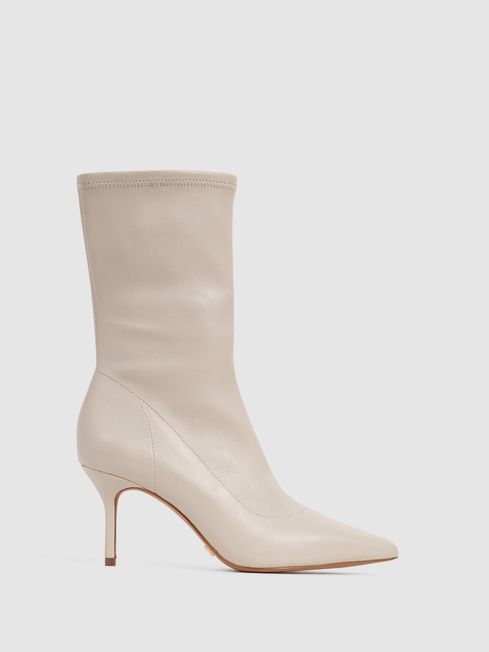 Reiss Stone Caley Pointed Kitten Heel Leather Boots | Reiss UK