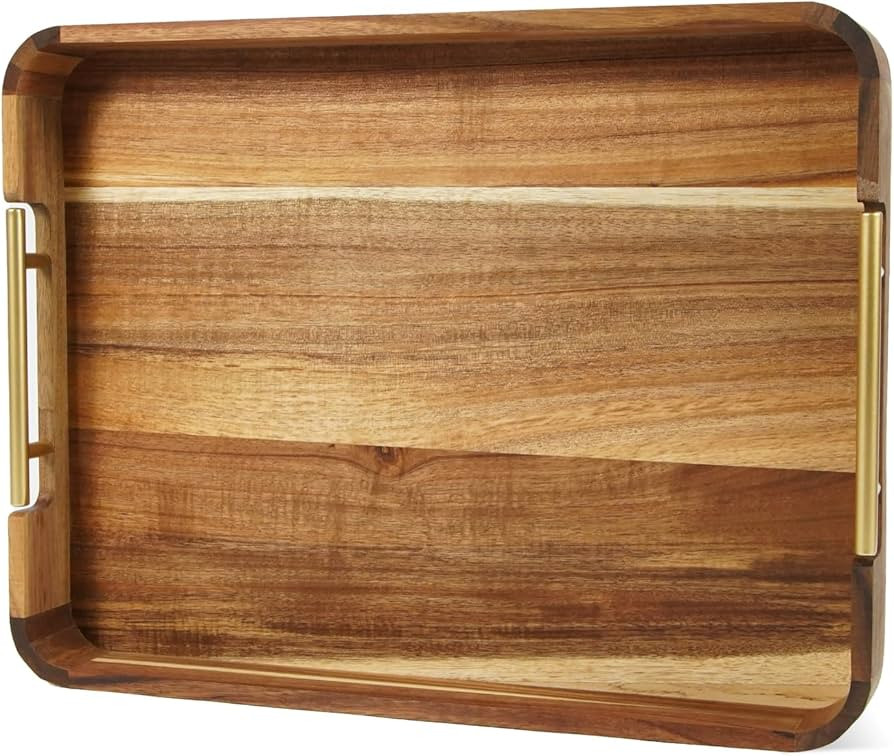 Mckkymi Acacia Wood Serving Tray with Metal Handles, 17x13in Food Drinks Tray for Coffee Table, B... | Amazon (US)