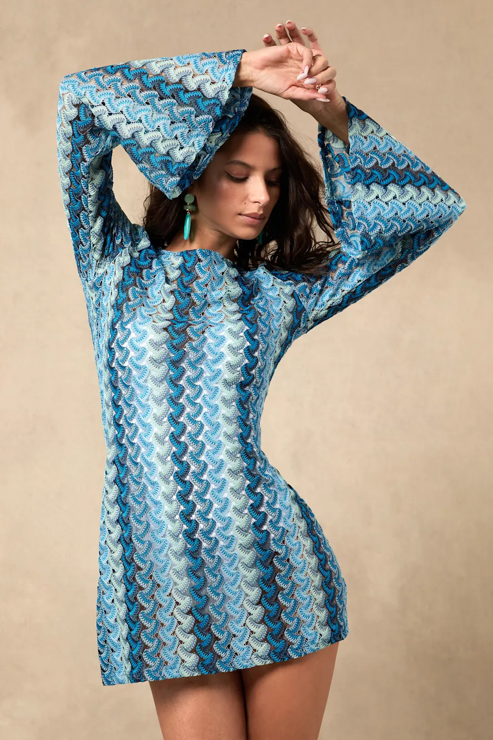 Valestra Blue Striped Crochet Long Sleeve Swim Cover-Up Dress | Lulus
