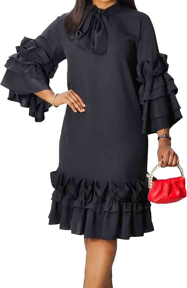 FLITAY Womens Summer Casual Dresses Ruffle Sleeve A Line Dress Solid Color Ribbon Collar Dresses ... | Amazon (US)