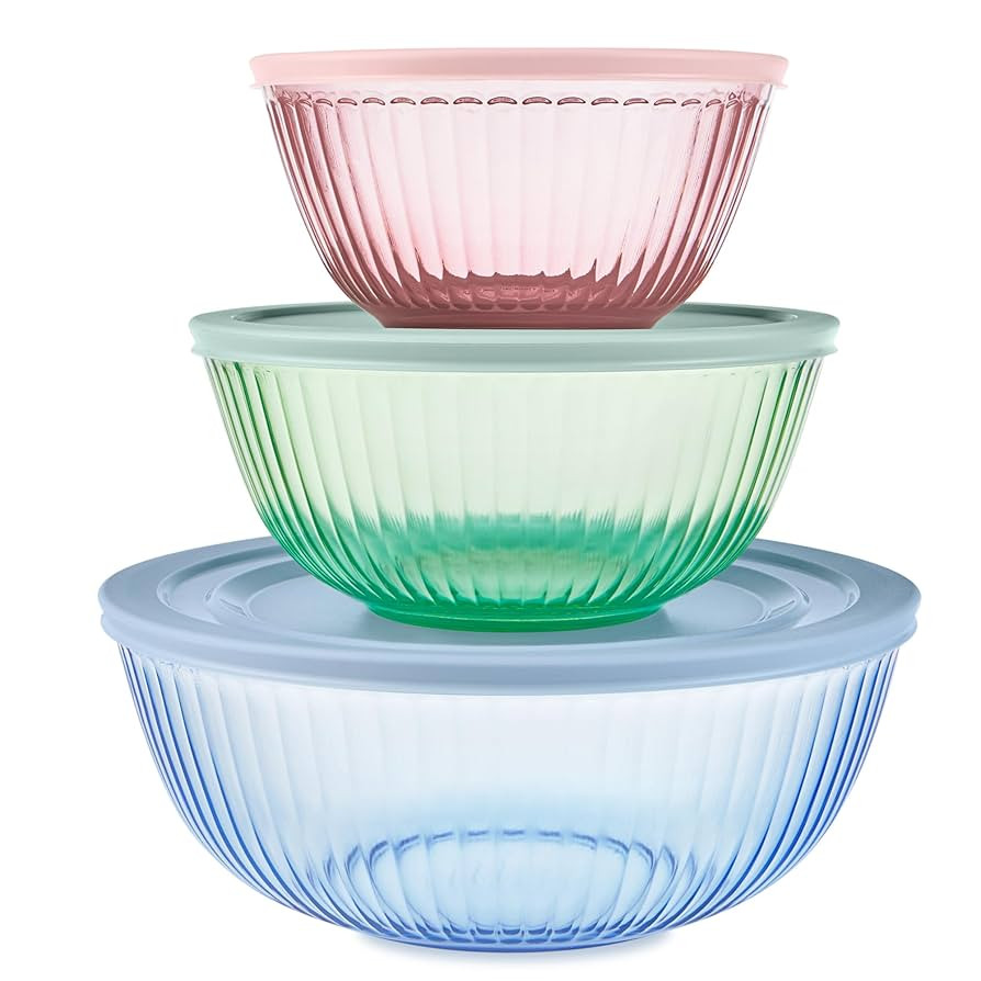 Pyrex Colors Tinted (3-Pack, Full Set) Sculpted Tinted Glass Mixing Bowls With Lids, Nesting Spac... | Amazon (US)