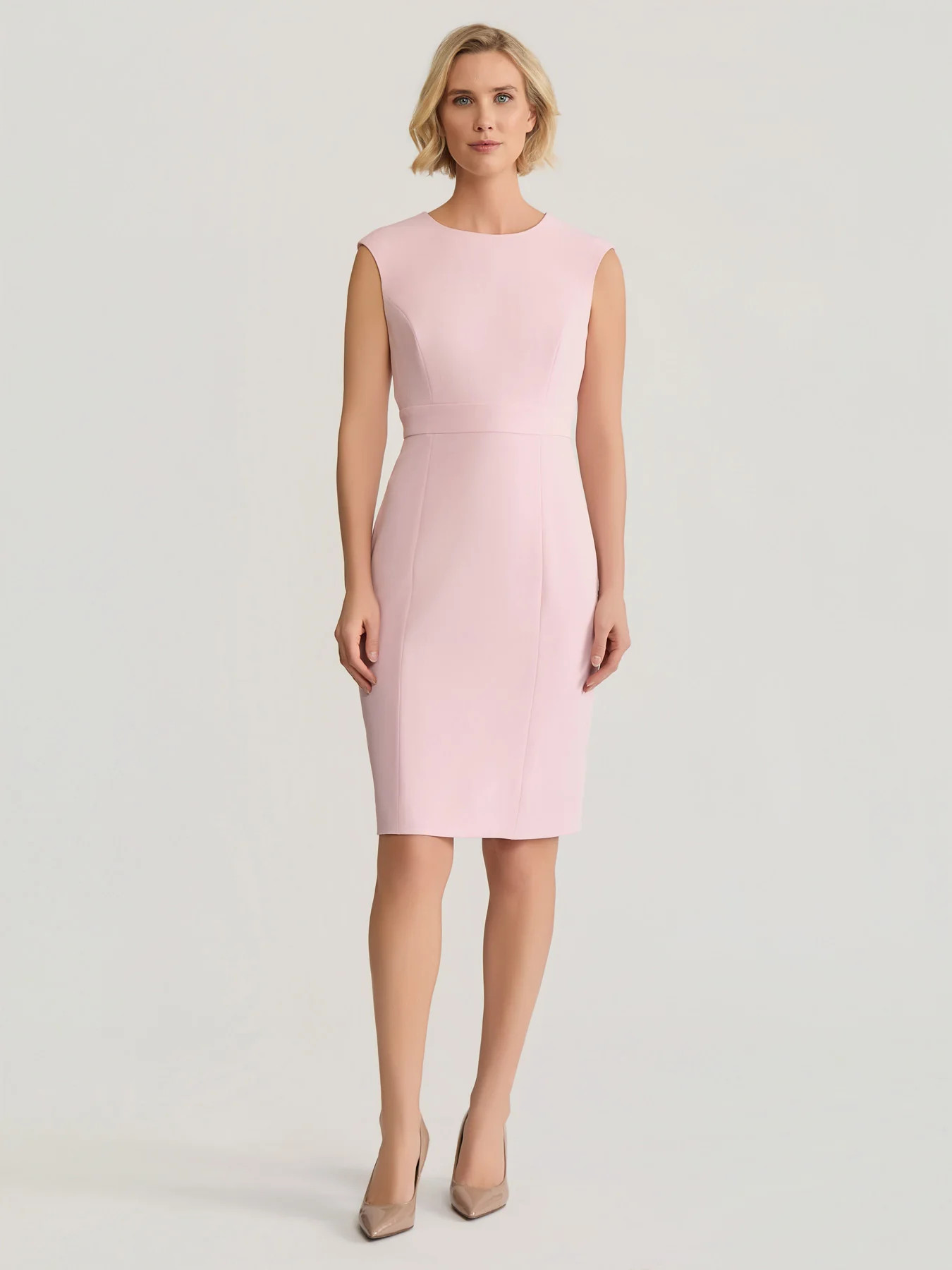 Petite Jewel Neck Waistband Sheath Dress, Stretch Crepe | Kasper Clothing