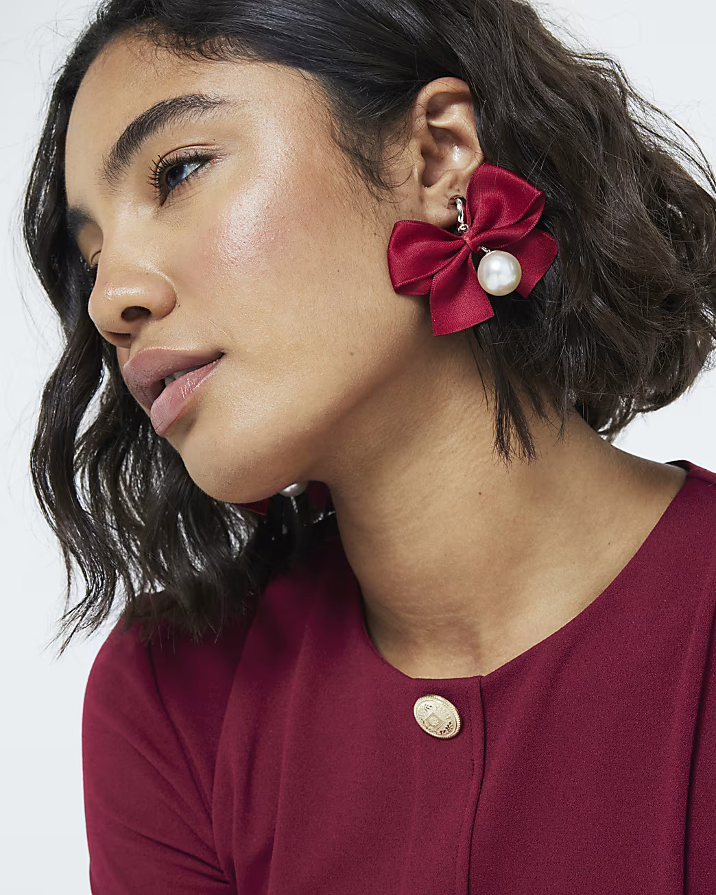 Red Christmas Ribbon Bow Pearl Drop Earrings | River Island UK & IE