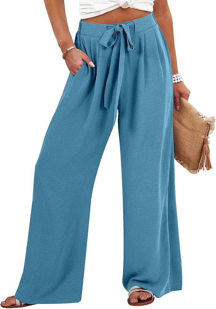 Caracilia Womens Wide Leg Palazzo Pants High Waisted Adjustable Tie Knot Flowy Trousers Casual Lo... | Amazon (US)