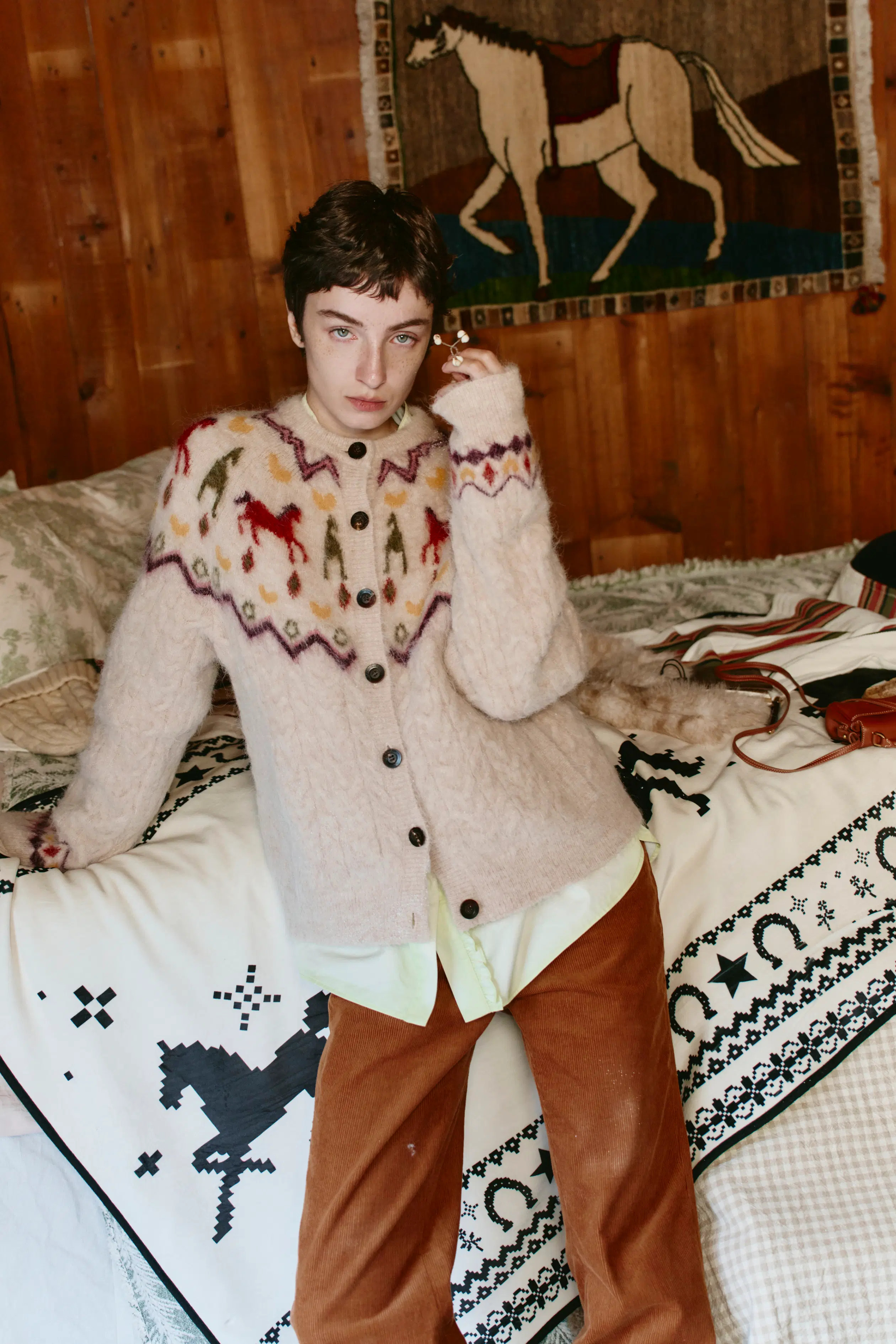 Genevieve Hidatsa Tribal Artwork Inspired Pony Fair Isle Cardigan in A | Fabrique