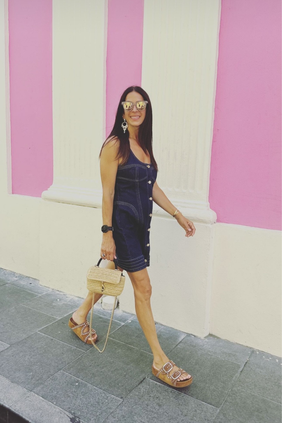 Rebecca Minkoff wearing a denim mini dress by Acler on her RHONY cast trip to Puerto Rico