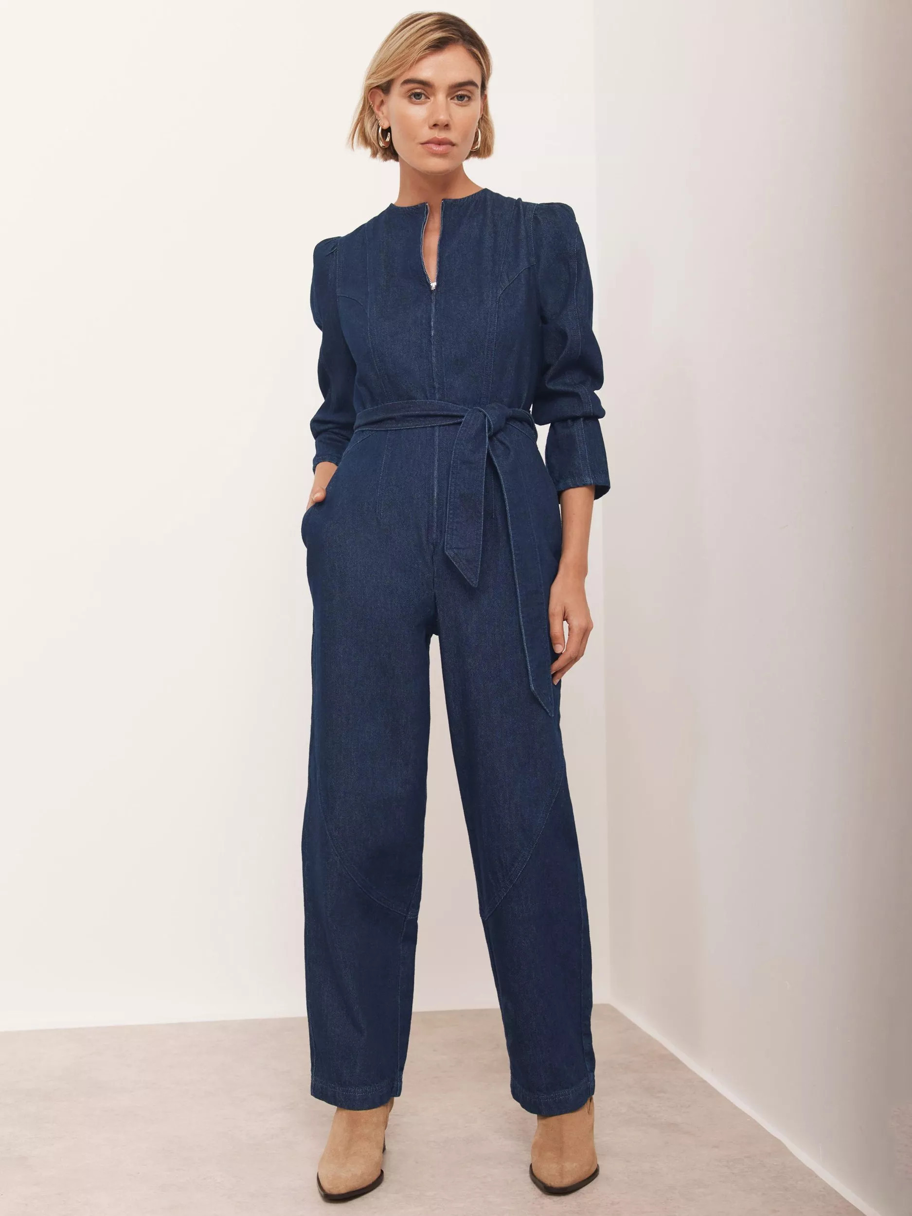 Mint Velvet Puff Sleeve Denim Jumpsuit, Blue Navy | John Lewis (UK)
