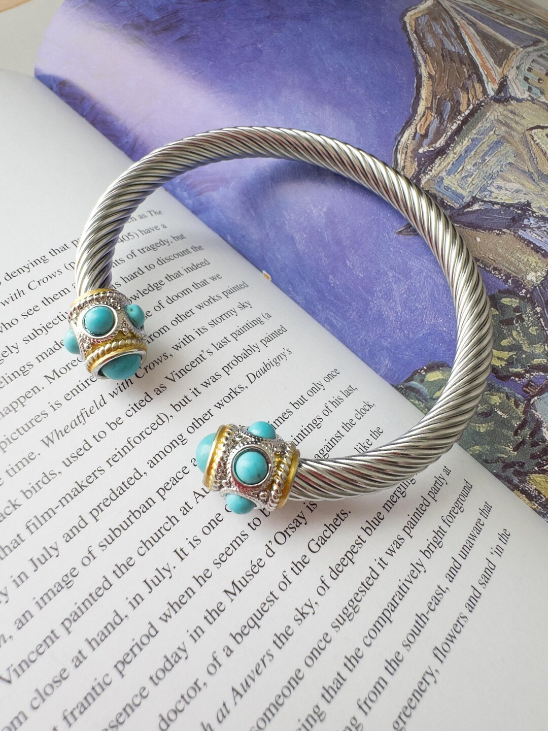David Yurman Style Cuff Bracelet – Twisted Cable Silver Bangle With Turquoise Cabochons & Gold ... | Etsy (US)