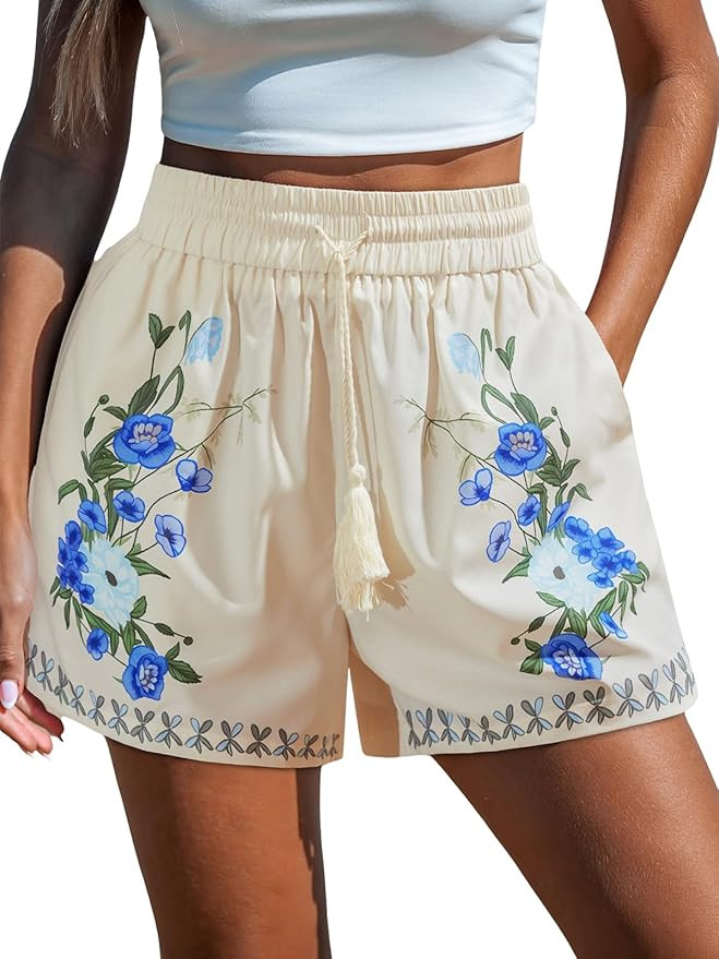CUPSHE Women's Casual Beach Shorts Elastic Drawstring Waist Swimsuit Cover Ups Shorts with Side P... | Amazon (US)