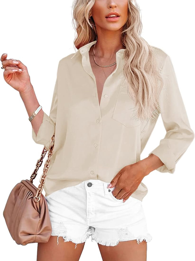 Karlywindow Womens Long Sleeve Shirts Button Down V Neck Casual Summer Beach Tops Blouses | Amazon (US)