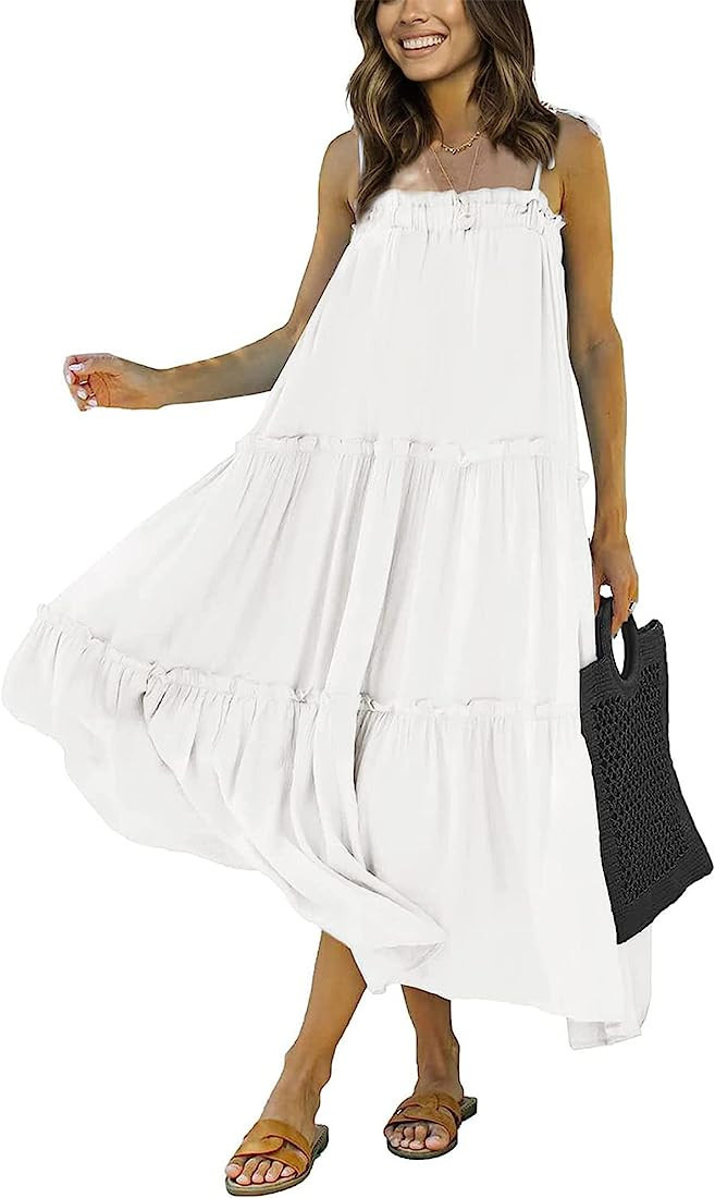 BTFBM Women 2023 Summer Maxi Dresses Sleeveless Spaghetti Strap Casual Sundress Tiered Ruffle Boh... | Amazon (US)
