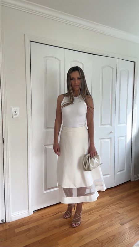 White midi organza A line skirt is true to size
Wearing sz S
I’m 5’5” 122 lbs 

White tank top is sz S 
I Love this top

Linked similar strappy nude  sandals


#LTKVideo #LTKparties #LTKwedding