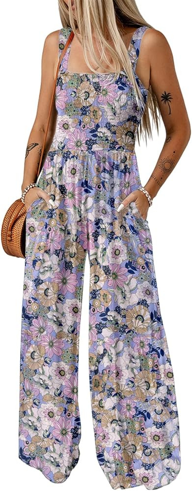 Happy Sailed Womens Overalls Casual Floral Print Sleeveless Jumpsuit High Waist Wide Leg Romper J... | Amazon (US)