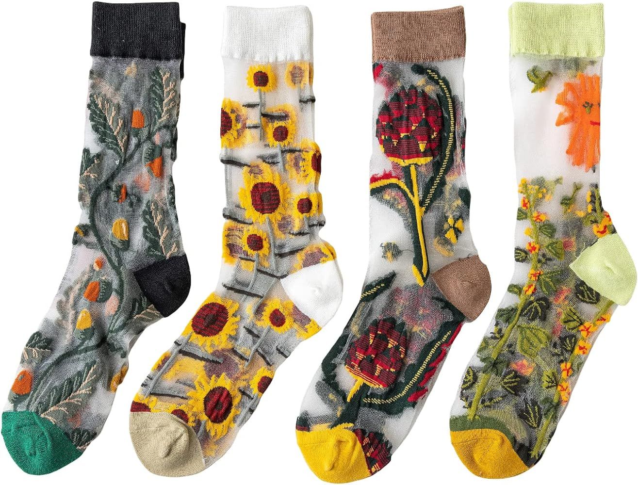 GORGLITTER Women's 4 Pairs Sheer Mesh Flower Patterned Thin Casual Crew Socks Transparent Cute Su... | Amazon (US)