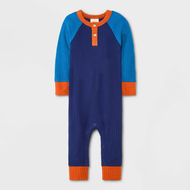 Baby Boys' Colorblock Cozy Waffle Henley Romper - Cat & Jack™ Navy Blue | Target