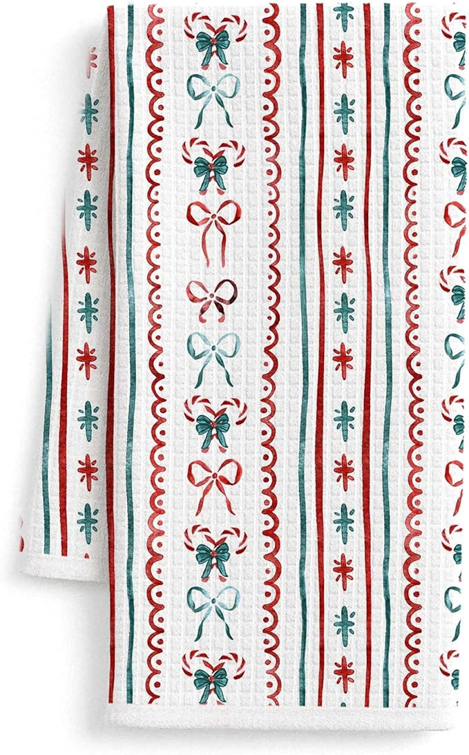 Red and Green Christmas Bow Kitchen Towels, Retro Xmas Candy Canes Dish Tea Towels, Preppy Coquet... | Amazon (US)