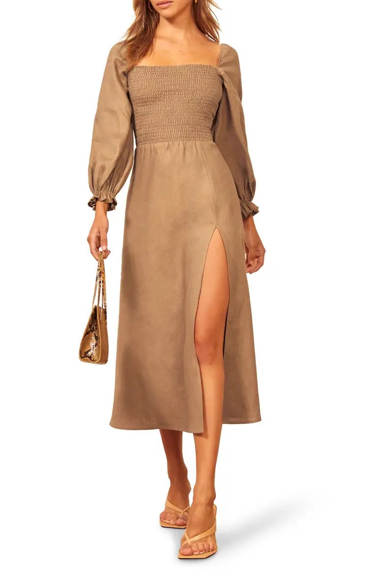 Gitane Long Sleeve Smocked Linen Midi Dress | Nordstrom