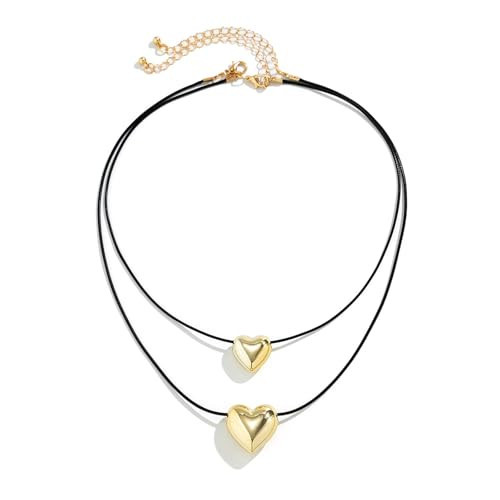 Efficewery Choker Necklaces for Women, Adjustable Layered Black Cord with Gold Heart/Geometric Pendant, Double Layer Gothic Retro Style Necklace Pendant for Women (Black Gold Heart) | Amazon (US)