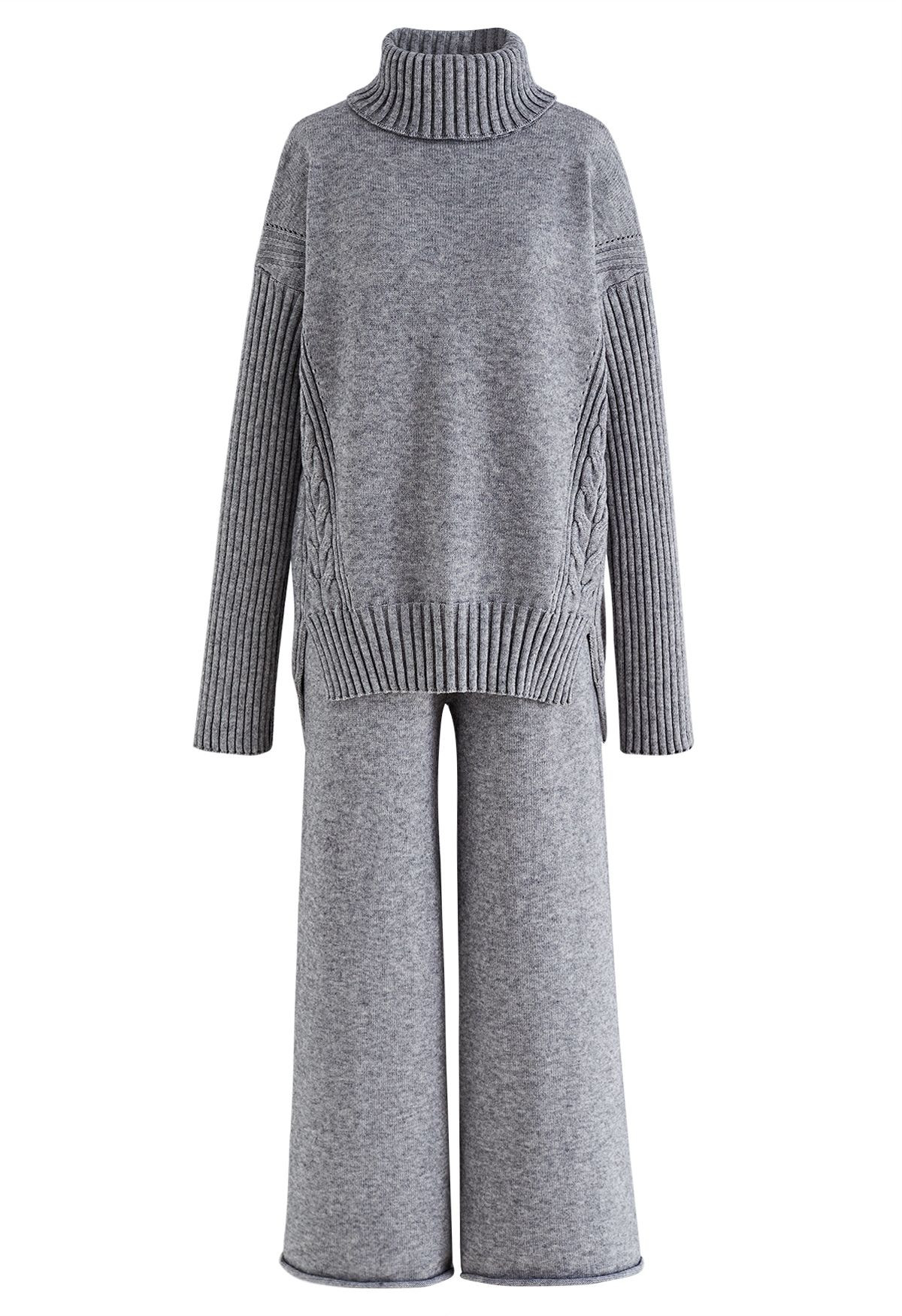 Turtleneck Hi-Lo Sweater and Knit Pants Set in Grey | Chicwish