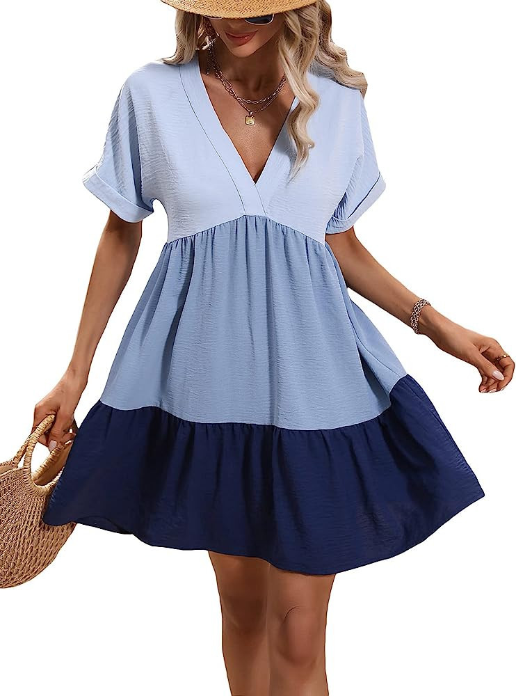 Floerns Women's V Neck Short Sleeve Ruffle Hem Colorblock Swing Shift Mini Dress | Amazon (US)