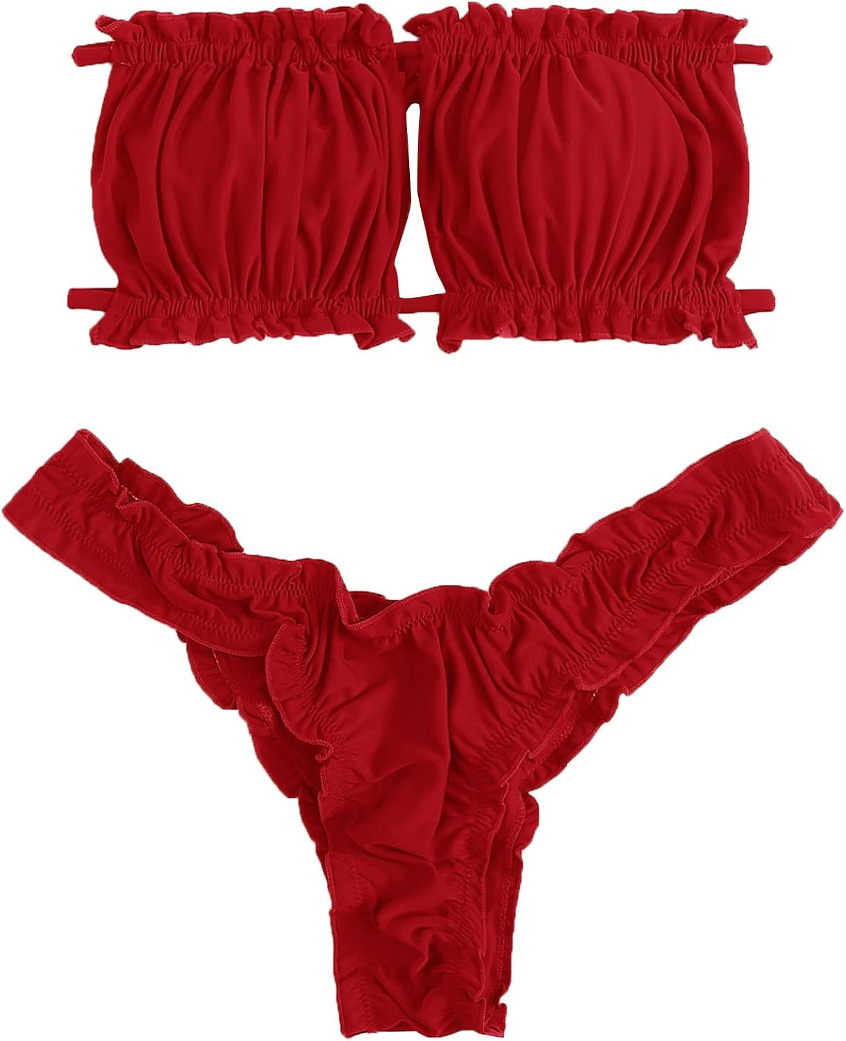 SheIn Women's Ruffle Ruched Tie Bandeau Bikinis Swimsuit High Cut Bikini Set Red Bikini Red Swimsuit | Amazon (US)