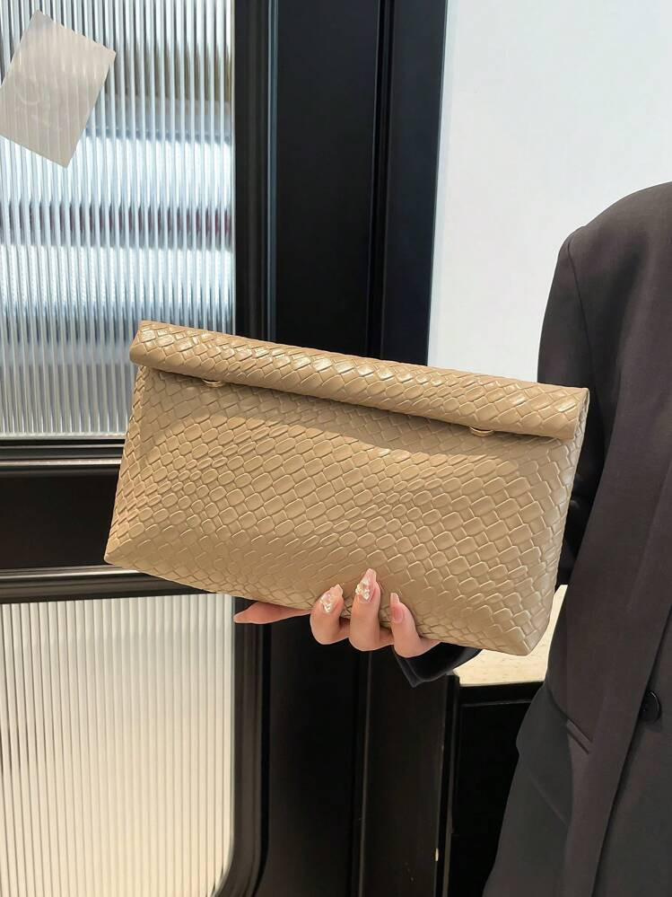 Fashionable Solid Color Handbag, Large Capacity PU Leather Flap Magnetic Closure Square Bag, Croc... | SHEIN