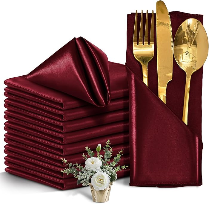 12 Pieces Burgundy Satin Napkins, 17" x 17" Square Table Napkins, Silky Soft Smooth Washable Napk... | Amazon (US)