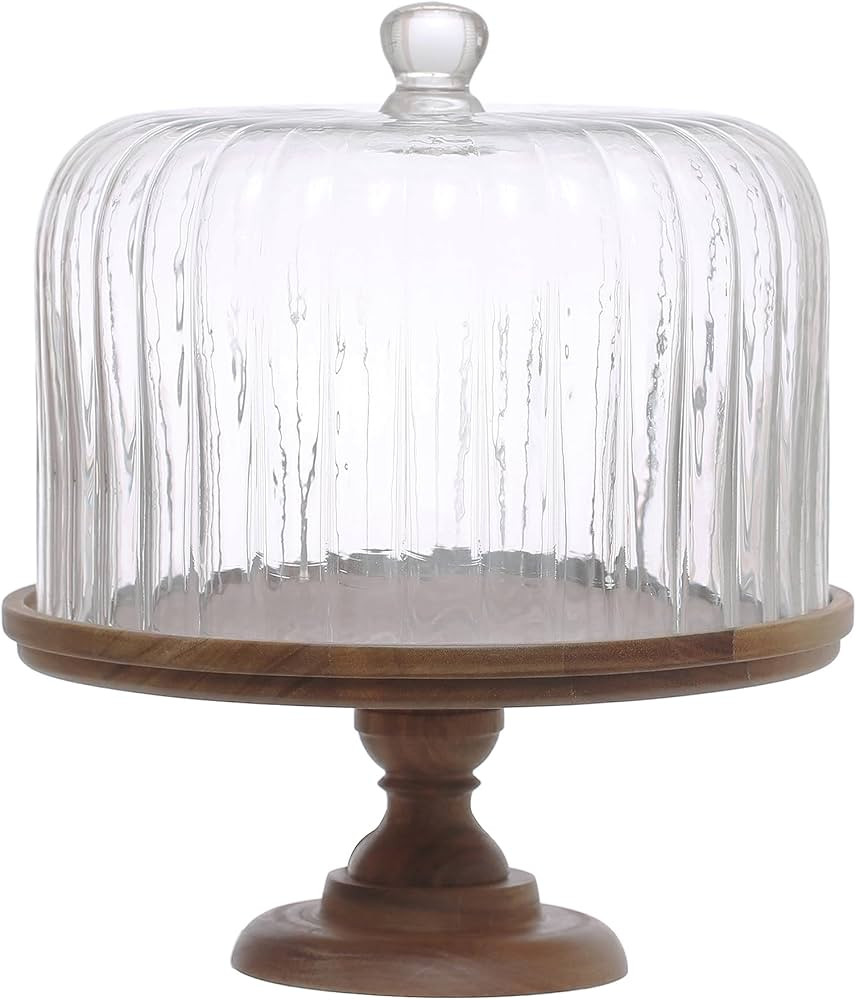 Creative Co-Op 12 Inches Round Acacia Wood Pedestal with Fluted Glass, Natural, Set of 2 Cloche | Amazon (US)