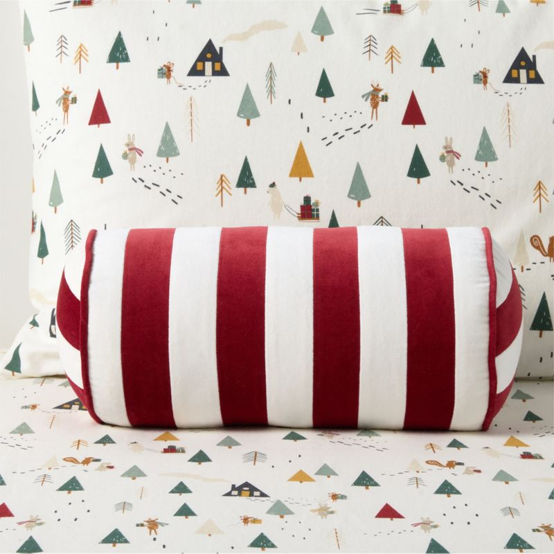 Red and White Harriet Stripe Velvet Kids Bolster Pillow + Reviews | Crate & Kids | Crate & Barrel