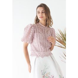 Short-Sleeve Floral Crochet Crop Top in Pink | Chicwish