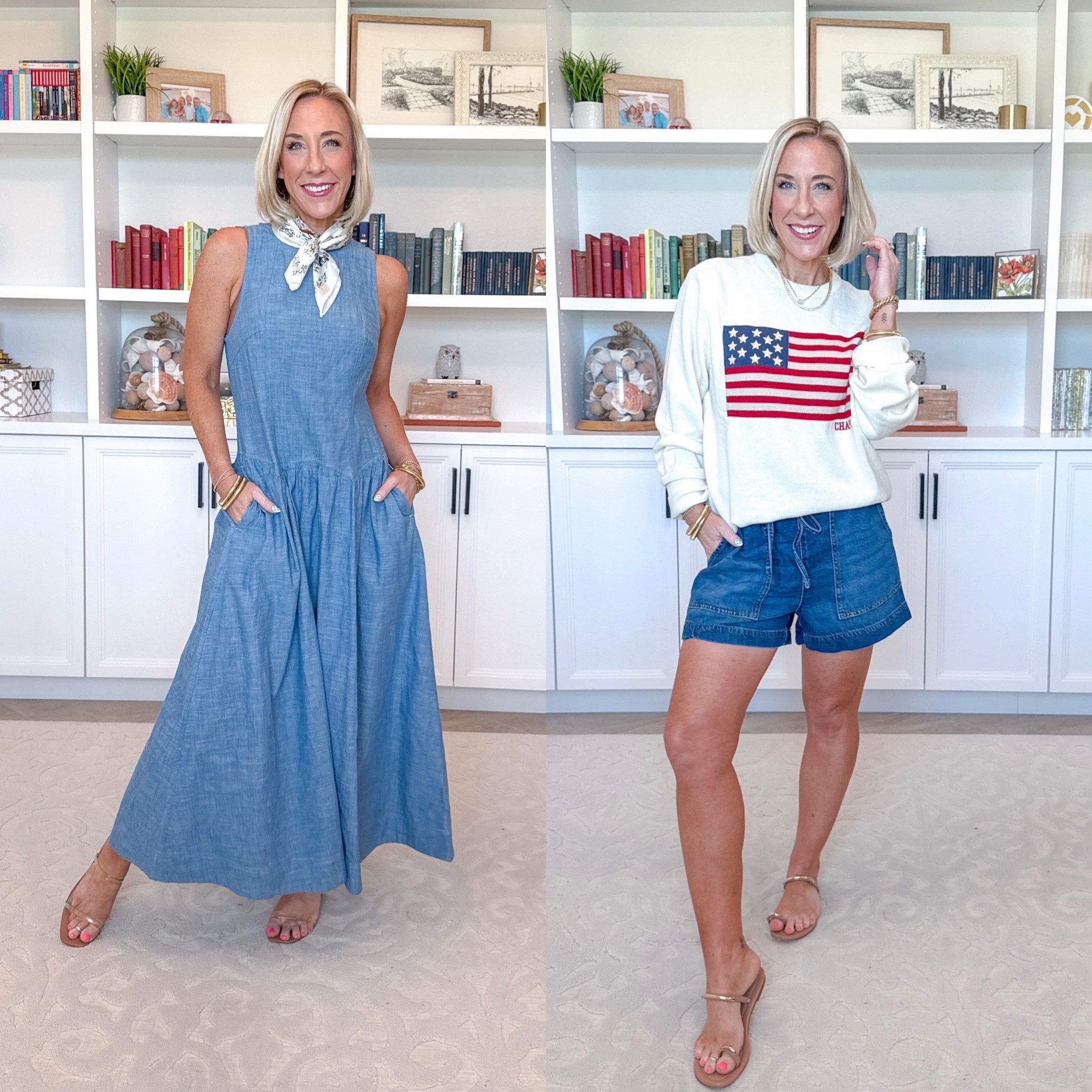 Walmart - red, white & blue finds * Sleeveless Cotton Chambray Racer Back Maxi Dress - size XS. $34. Flag Crewneck Sweater (MENS) - size Medium. $ varies according to size/color. 3 colors. * Drapey Utility Shorts, 4" Inseam - size XS. $22.98. 4 colors. 

 

#LTKSeasonal #LTKOver40