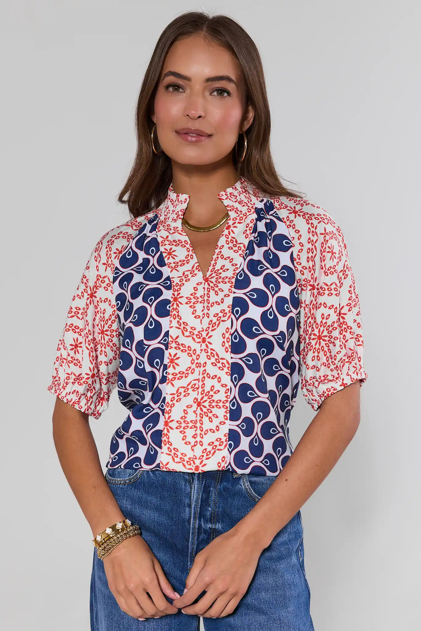 Tate Multi Printed Split Neck Top | Avara