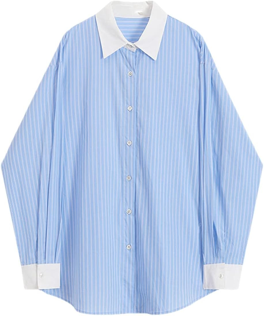 Women Contrast Color Shirt for Women Lapel Long Sleeve Single Breasted Striped Tops Female Shirt | Amazon (US)