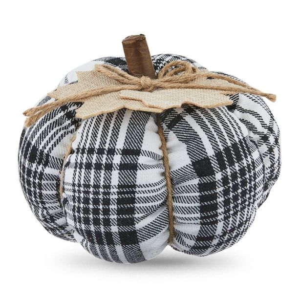Fall, Harvest Black & White Plaid Fabric Pumpkin with Burlap Leaf Tabletop Decoration, 5", by Way... | Walmart (US)