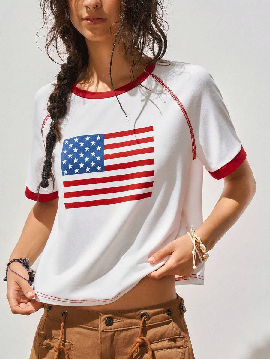Women's Summer T-Shirt, Round Neck, Raglan Short Sleeve, Red Flag Print Design On Front Panel... | SHEIN