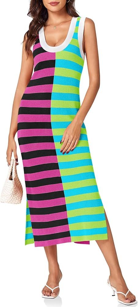 Wenrine Womens Summer Striped Dress Sleeveless Knitted Contrast Color Side Slit Casual Maxi Beach... | Amazon (US)