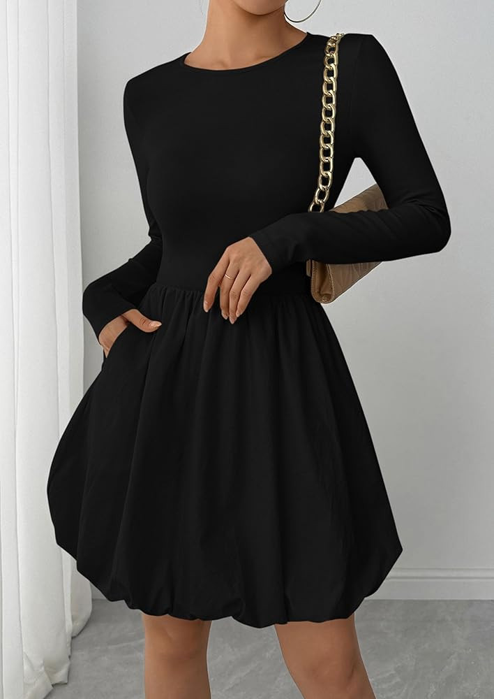 PRETTYGARDEN Fall Dresses for Women 2025 Casual Long Sleeve Bubble Cute Crew Neck A Line Mini Sho... | Amazon (US)